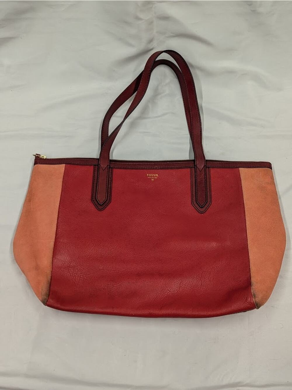 FOSSIL Sydney Zip Top Tote Leather Large Shoulder Bag Tote Two Tone Red